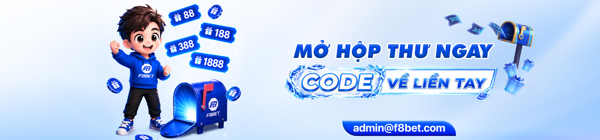 f8bet banner mở hộp thư nhận code lên đến 1888k